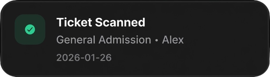 Tixian Door app displaying a successful ticket scan confirmation at event check-in